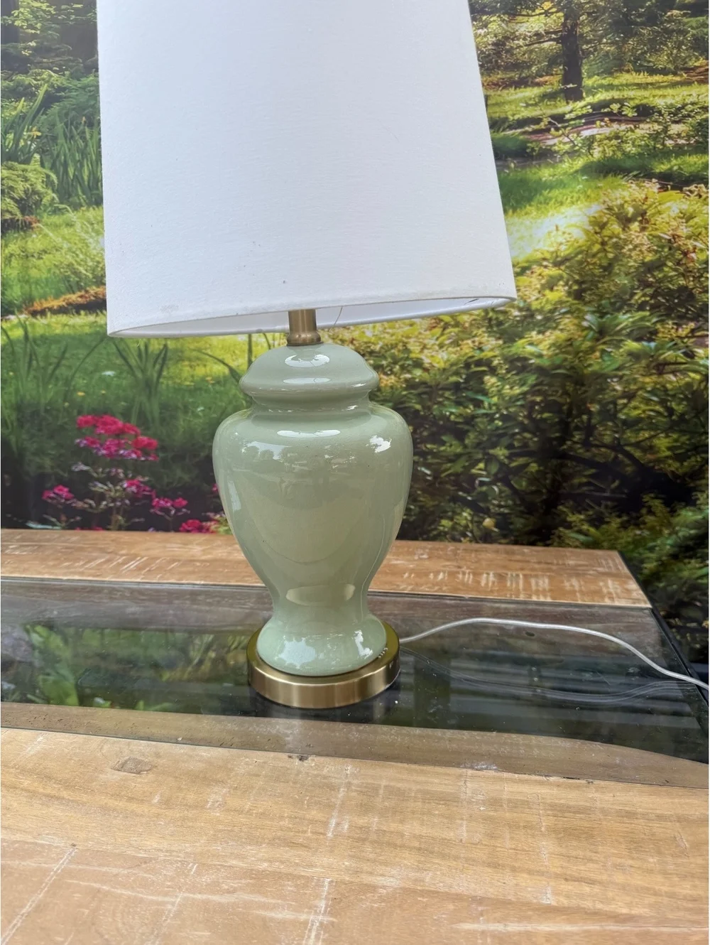 Green Ceramic Table Lamp with White Fabric Shade